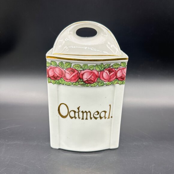 Antique German Oatmeal Canister Pink Roses Floral Kitchen Storage Pink Flowers - Picture 2 of 13